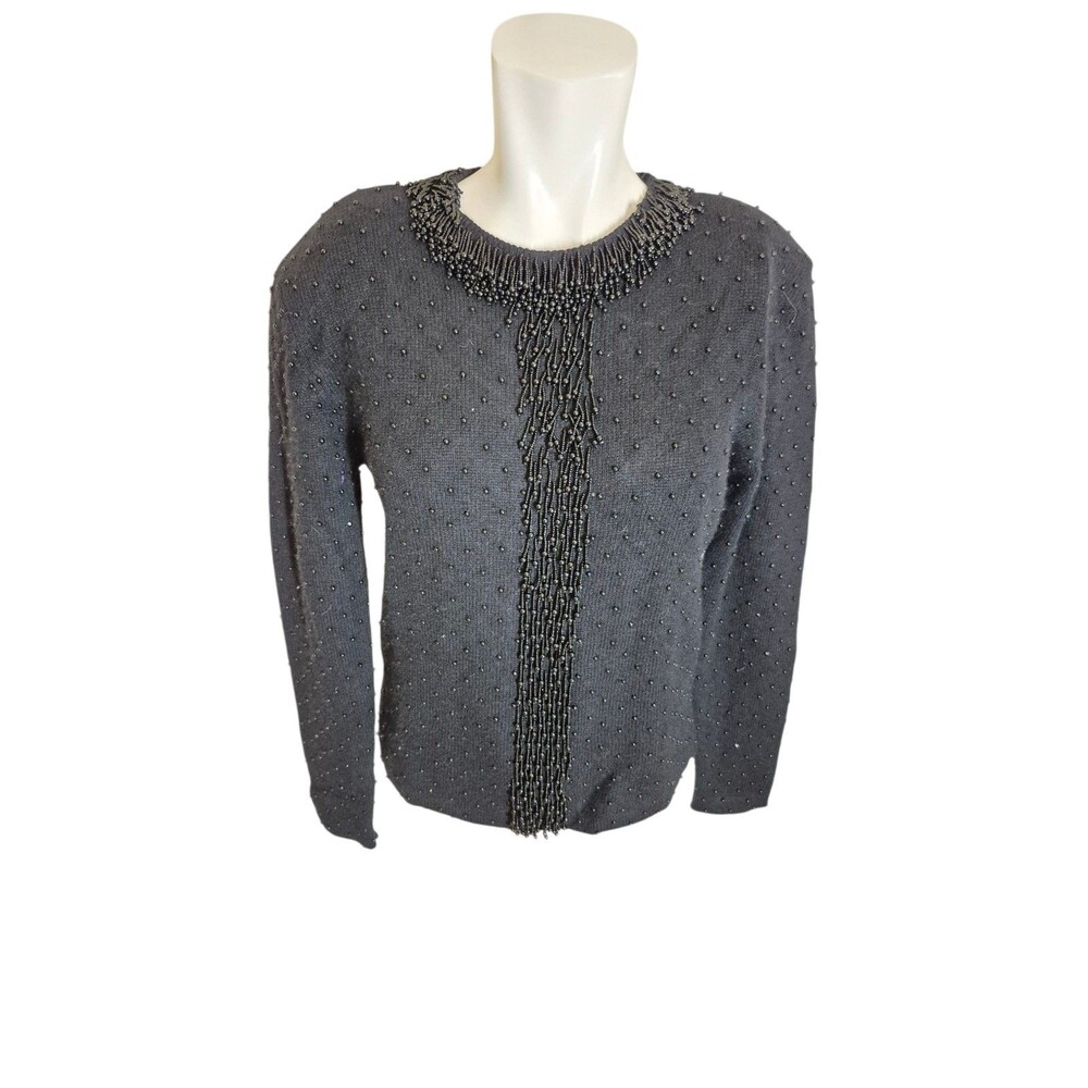 Anne Klein VTG 90s Y2K Beaded Sweater Lambswool Angora Sweater Black Sz S NEW